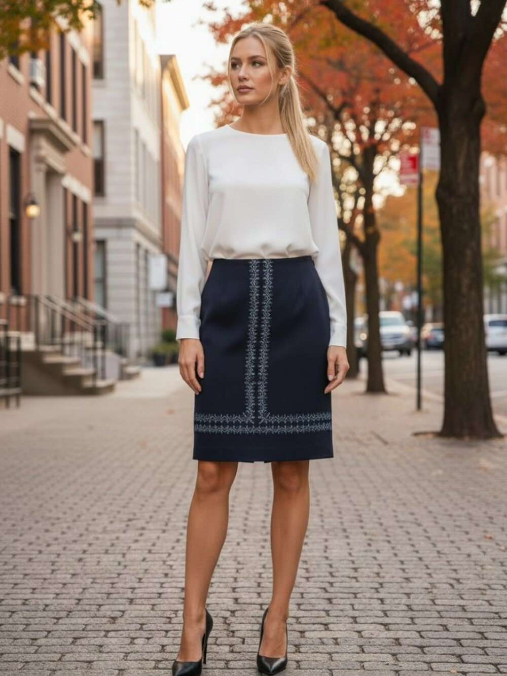 VTG 90s Ann Taylor Embroidered Pencil Skirt Black Blue Label 4 Whimsigoth